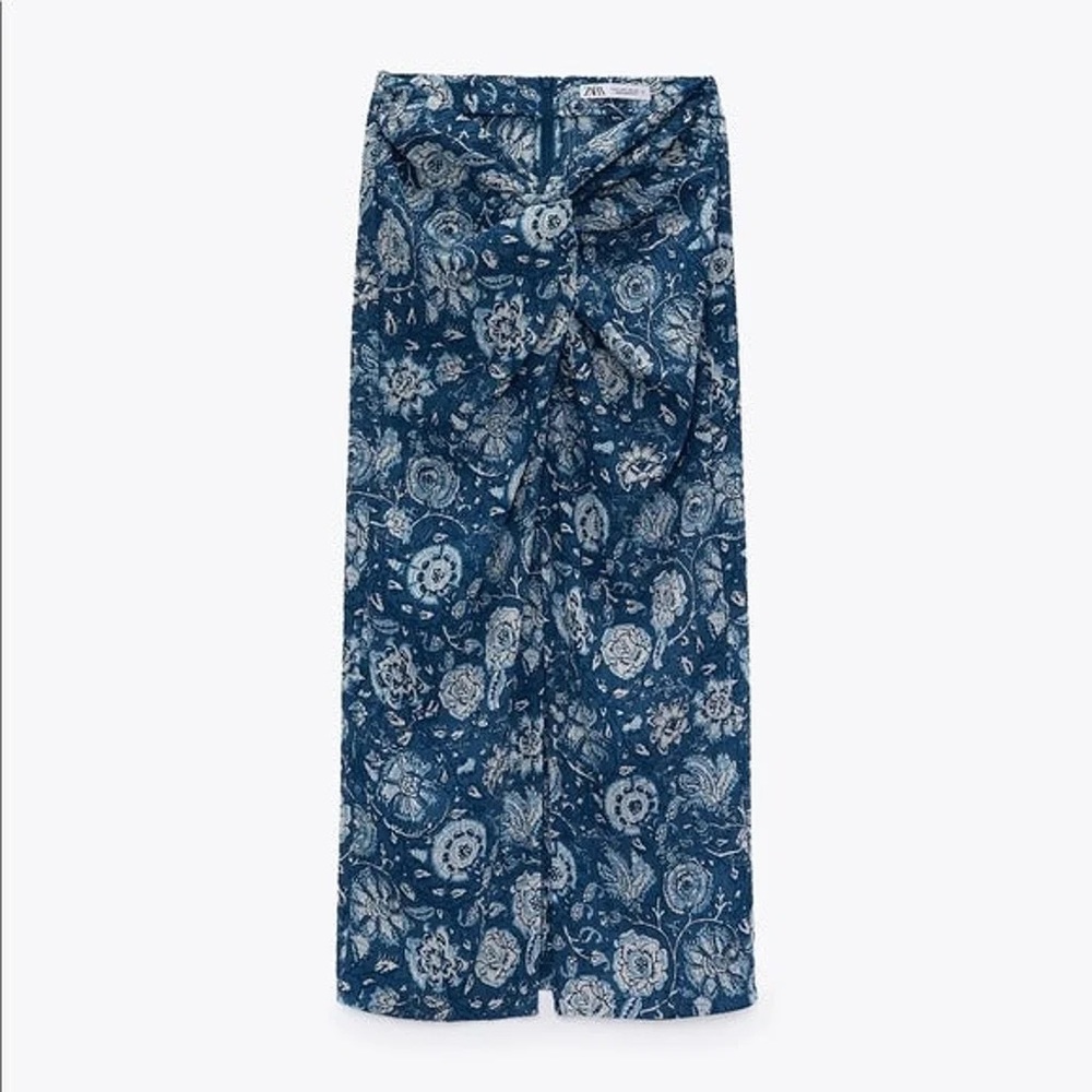 ZARA Blue Printed Textured Midi Skirt (with knot on top and slit)